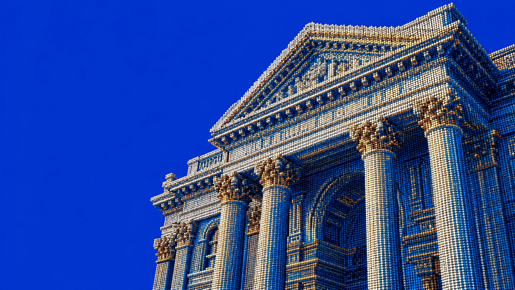 A classical courthouse reconstructed from thousands of cobalt and gold data points